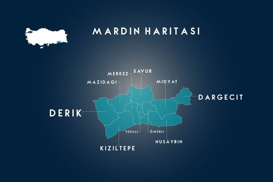 Mardin districts mazidagi, derik, savur, midyat, dargecit, nusaybin, omerli, yesilli, kiziltepe map, Turkey
