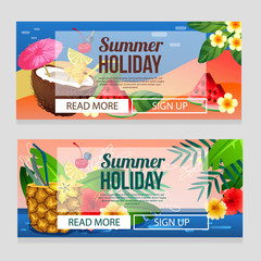 colorful summer holiday banner with cocktail drink theme