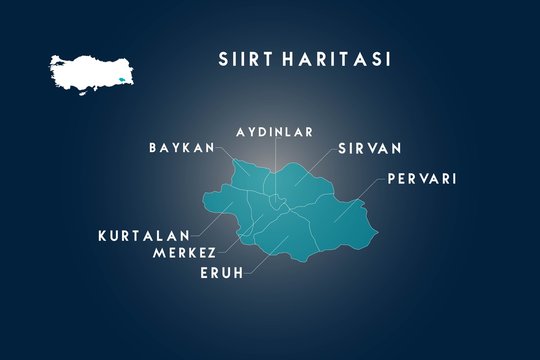 Siirt districts aydinlar, baykan, kurtalan, eruh, pervari, sirvan map, Turkey