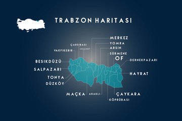 Trabzon districts carsibasi, akcaabat, vakfikebir, besikduzu, salpazari, tonya, duzkoy, macka, arakli, koprubasi, caykara, hayrat, dernekpazari, of, surmene, arsin, yomra map, Turkey - obrazy, fototapety, plakaty