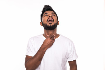 Portrait of young Indian man sore throat, hand on neck clearing throat on white background - obrazy, fototapety, plakaty