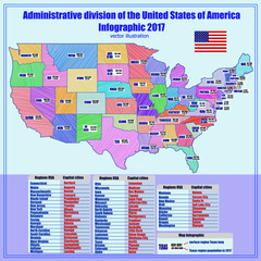 Obraz premium Bright illustration with map of United States of America with division and info graphic . Abstract map of USA with regions and informations.