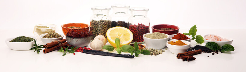 Spices and herbs on table. Food and cuisine ingredients with basil