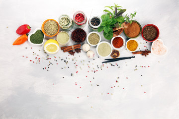 Spices and herbs on table. Food and cuisine ingredients with basil