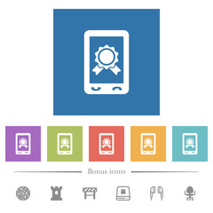 Mobile certification flat white icons in square backgrounds