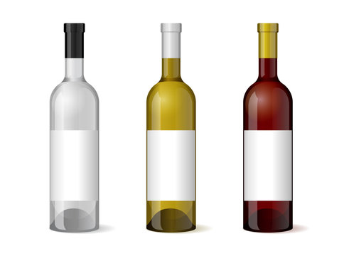 Wine realistic 3d bottle with blank white label template set for alcohol industry design. Vector illustration