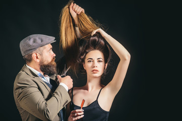 Hair style and hair stylist. Hair care. Trendy and stylish. Long hair. Fashion haircut.