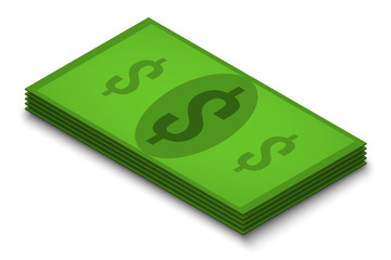 pack of dollars bills on a white background, isolate, isometry
