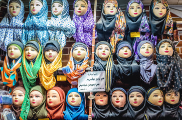 Shop window with hijabs for sale in Shiraz city, Iran
