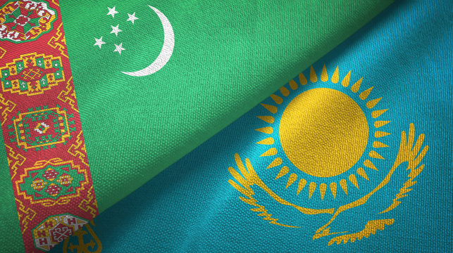 Turkmenistan and Kazakhstan two flags textile cloth, fabric texture