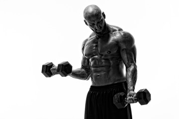 Muscular Men Lifting Weights. Performing Biceps Curls