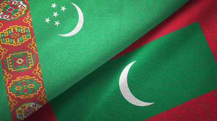 Turkmenistan and Maldives two flags textile cloth, fabric texture