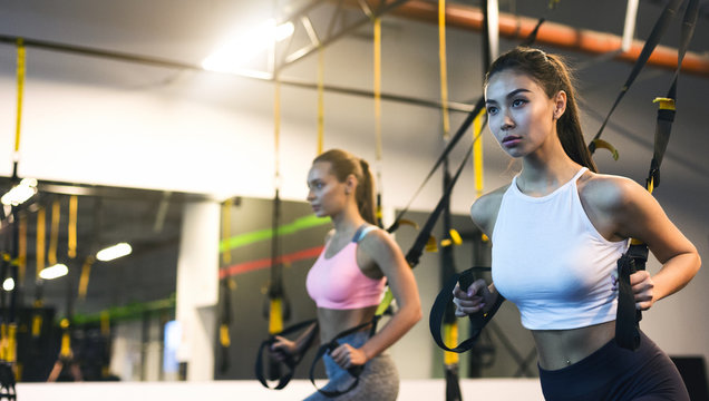 TRX training. Girls exercising with suspension trainer in the gym