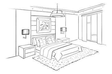 Bedrom. Interior sketch illustration. - 268433131