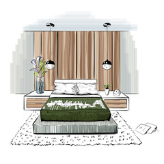 Bedrom. Interior sketch illustration.