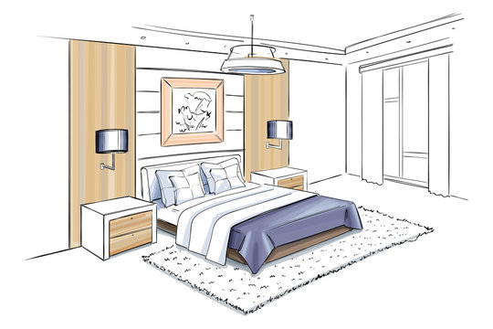 Bedrom. Interior sketch illustration.