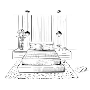 recommend clip art: Bedrom. Interior sketch illustration.