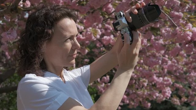 Woman photographer in the spring park. The female photographs the cherry blossoms.