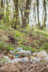 Plastic trash in the forest. Tucked nature. Plastic container lying in the grass