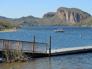 Arizona's Apache Lake in the desert hills near Phoenix. The Lake is a much sought after recreation...