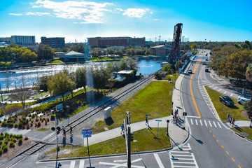 Tampa Bay, Florida. March 02, 2019. Panoramic view of Drawbridge on Hillsborough river and W Cass street in downtown area..