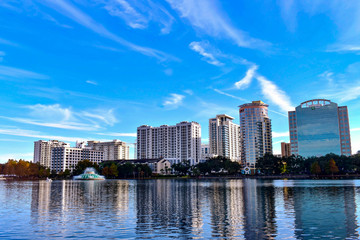 Orlando, Florida . December 24, 2018. Panoramic view of downtown buildings , vintage fountain and...