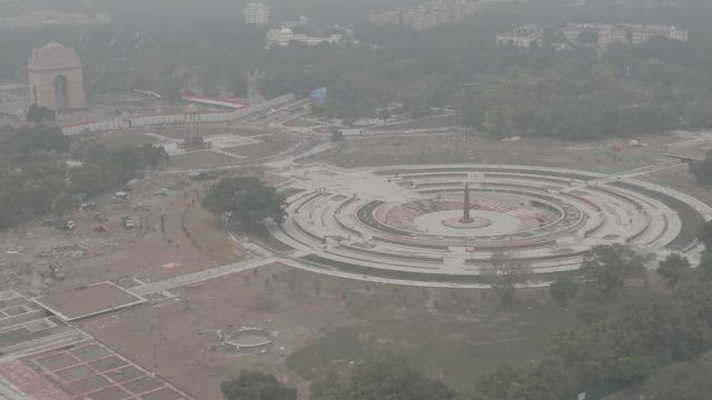 India gate in Delhi, 4k aerial drone, ungraded/flat slog footage