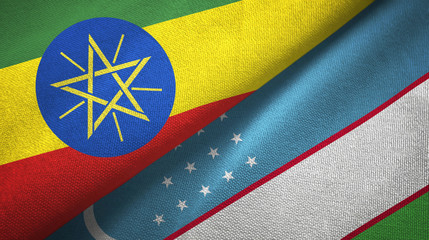Ethiopia and Uzbekistan two flags textile cloth, fabric texture