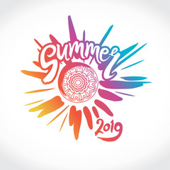 Vector logo Summer 2019. Bright rays of the colorful sun, an inscription by hand and a circle of ethnic ornament. Stylish seasonal pattern.