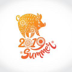 Sunny Pig 2019. Cute cartoon piggy. Handwritten calligraphy design logo Summer 2019. Stylish seasonal pattern. Vector illustration for season banner, label, poster.