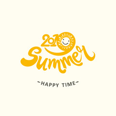 Stylish seasonal template 2019 Summer. Happy time. Bright yellow sun smiles. Vector illustration for season banner, label, poster, logo Summer.