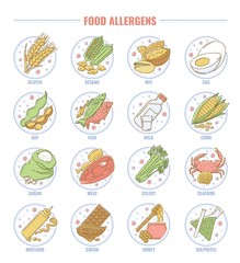Food allergen set, collection of gluten, nut, fish, milk, lactose, edd, and other allergy products icons