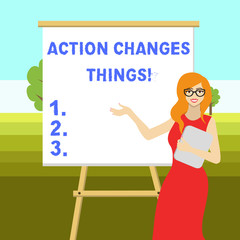 Conceptual hand writing showing Action Changes Things. Concept meaning start doing something against problem resolve or achieve it