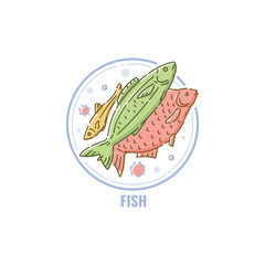 Icon of a fishes group in circle flat linear style