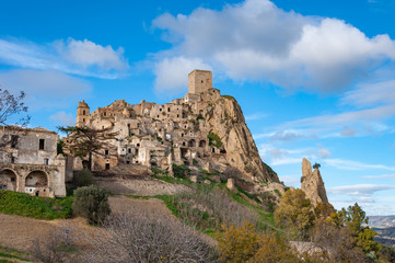 Fototapeta na wymiar Craco, the ghost town near Matera, the city of stones. Craco famous in the world for being used in films and advertising.