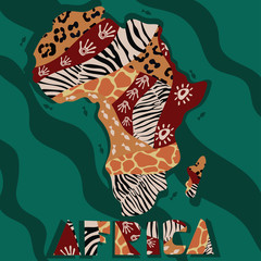 Textured vector map of Africa. Hand-drawn ethno pattern, tribal background. Vector illustration Abstract colored background.