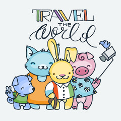 Obraz na płótnie Canvas Cute little tourist animals, cartoon hand drawn vector illustration. Cute for baby coloring pages, t-shirt print and other