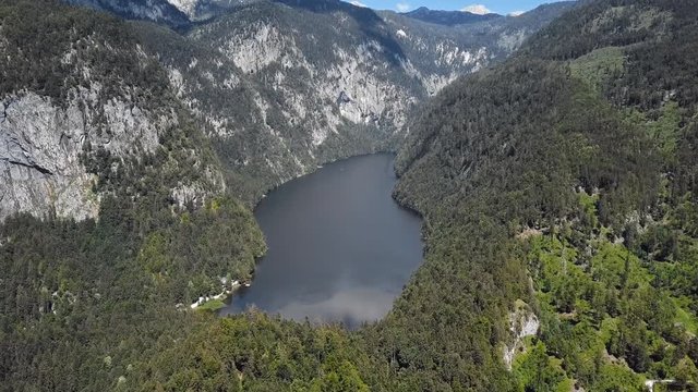 Flight over Toplitzsee (Toplitz lake) in Salzkammergut, Styria, Austria.