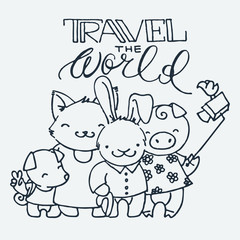 Cute little tourist animals, cartoon hand drawn vector illustration. Cute for baby coloring pages, t-shirt print and other