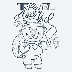 Cute little fox, cartoon hand drawn vector illustration. Cute for baby coloring pages, t-shirt print, fashion prints and other