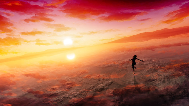 concept art of majestic sea and deep cloudy sky with fantasy female figure
