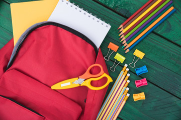 Top view Red bag backpack for education children