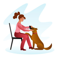 A young woman sits on a chair and strokes a big kind dog sitting at her feet. The girl strokes the face of a pet, a red-headed Belgian Shepherd dog Malinois. Template flat vector illustration.