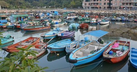 Fototapeta na wymiar Crowd of small boats in the sea of Cheung chau island