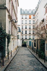 Narrow cobblestone street in Montmartre, Paris, France