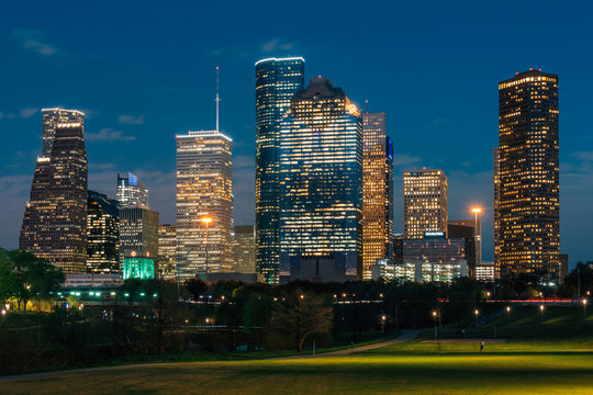 View of the Houston skyline at night from Eleanor Tinsley Park, in Houston, Texas