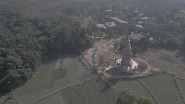 "Madana Mohana" temple in Govardhan e.v., India, 4k aerial drone footage ungraded