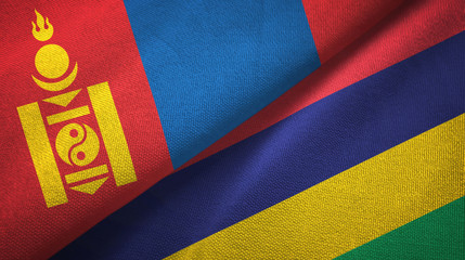 Mongolia and Mauritius two flags textile cloth, fabric texture
