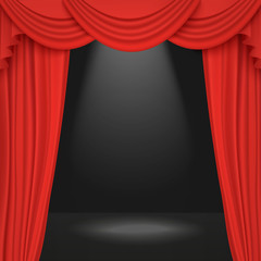 Spotlight on stage curtain theater or cinema 3d realistic vector illustration.