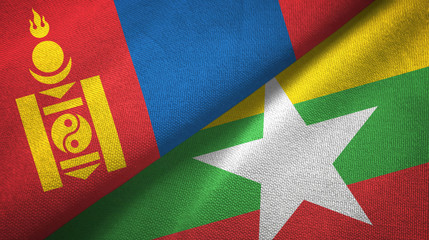 Fototapeta premium Mongolia and Myanmar two flags textile cloth, fabric texture